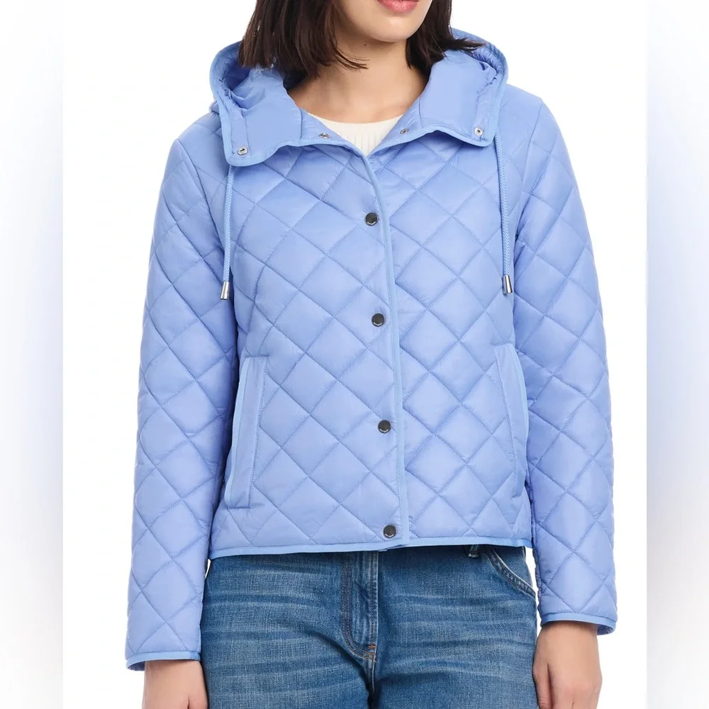 {Kate Spade} Hooded Quilted Packable Jacket in Cosmic Zen Blue - Womens XL - NWT